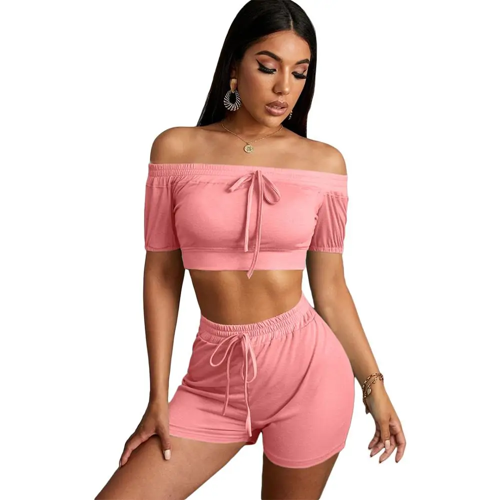 

Fashionable women's suit stretch drawstring strapless leisure fitness sport suit tight sexy party short-sleeved two-piece suit