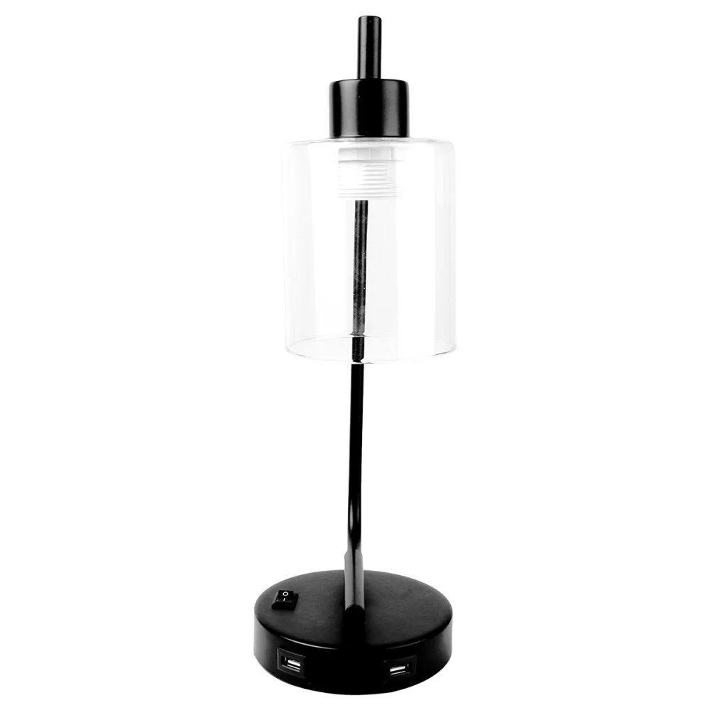 

USB Charging Table Lamp Glass Lamp Shade Bedside Lamp with US Plug Black