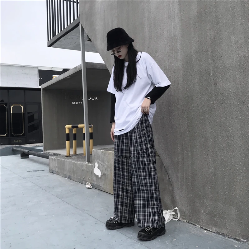 Harajuku брюки унисекс с клетчатым узором свободные длинные женские мужские штаны верхняя одежда Лоскутные Брюки уличная хипстерская осенняя одежда для пар