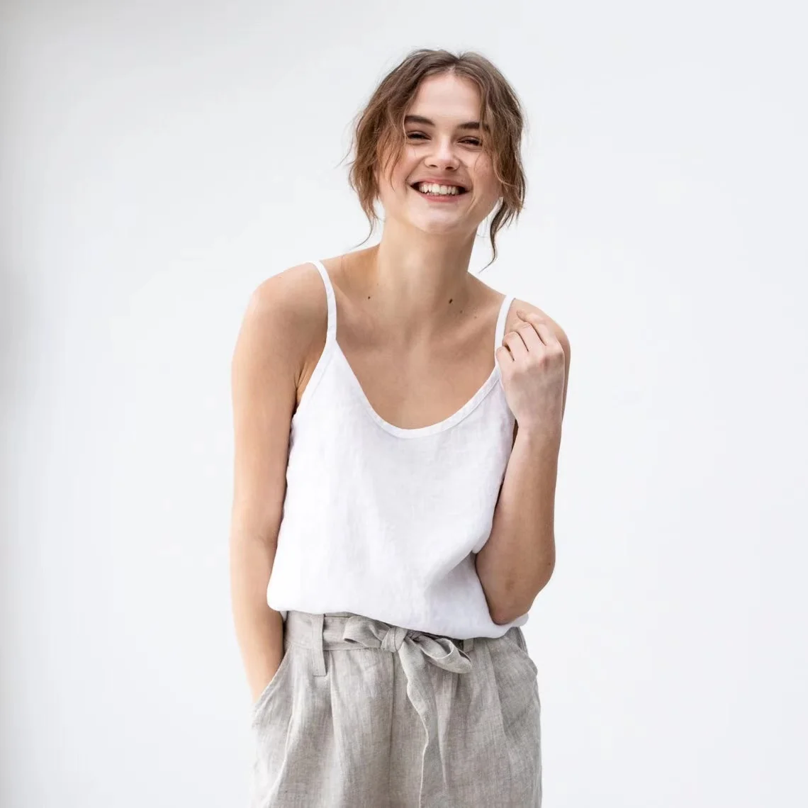 

Casual Summer Women Tank Top Basic Linen Spaghetti Strap Tops Sleeveless Camisole Female Clothing Ybsa1312Y