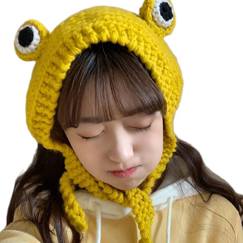 

2021 New Cute Frog Eye Weave Knit Skullies Beanie Hat Solid Color Winter Warm Earflap Cap