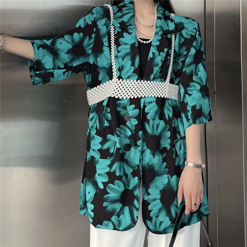

Korean Women Green Flower Print Blazers Plus Pearl Vest Summer 2021 Loose Double Breasted Short Sleeve Suit Jacket Female Casual