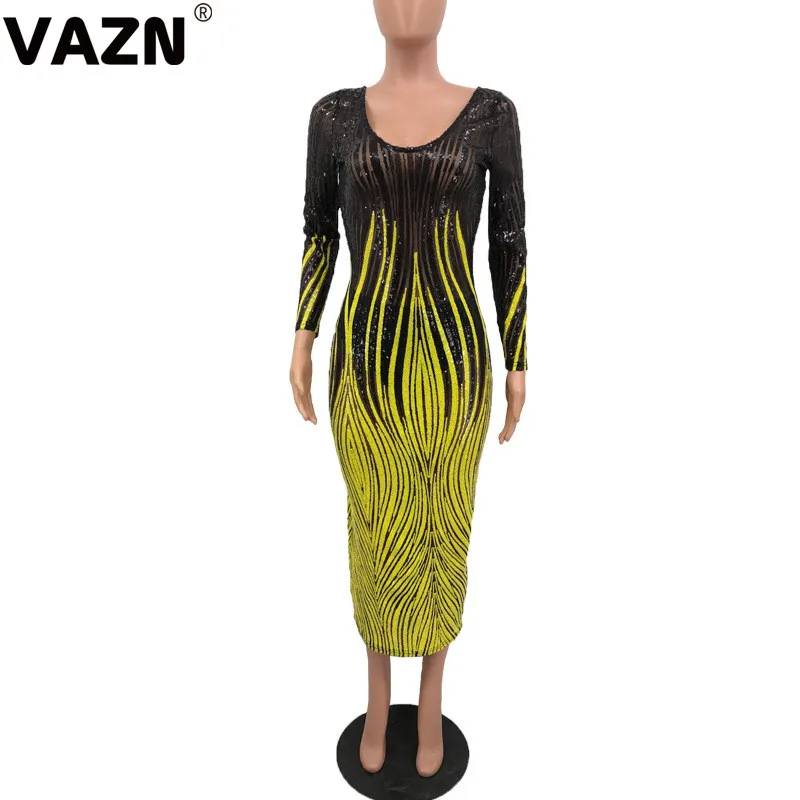 VAZN Autumn Open See Through Heavy Industry Sequined Sexy Club Fashion Slash Neck Full Sleeve High Waist Women Thin Maxi Dress