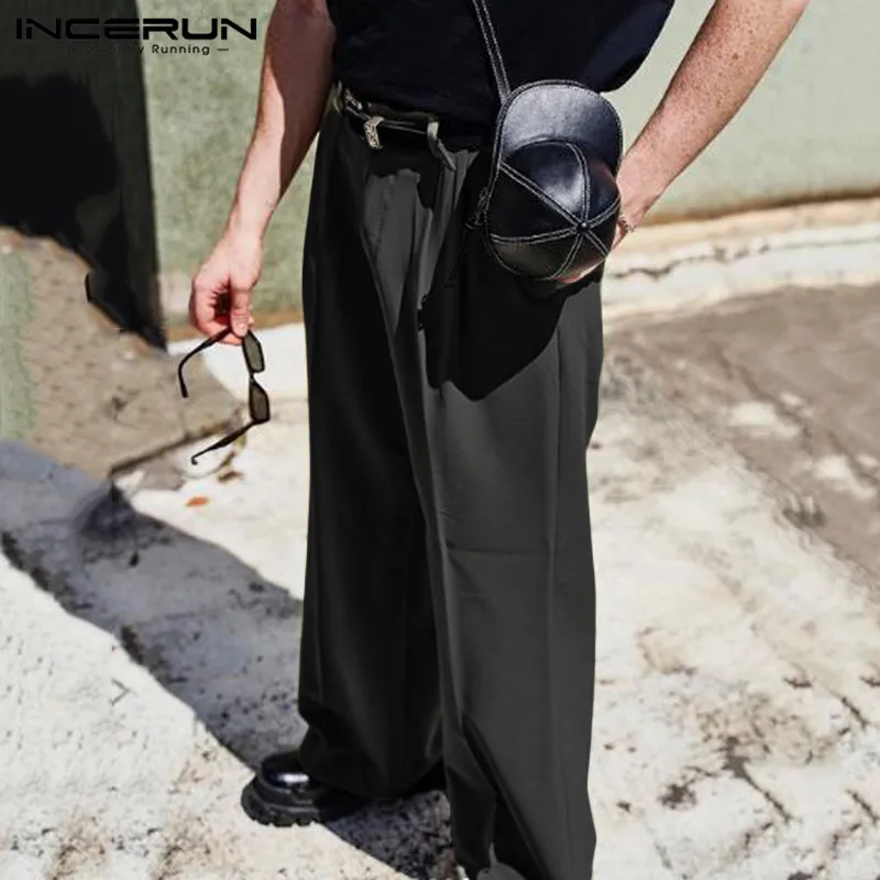 

Men Pants Solid Color Loose Button Pockets Casual Straight Trousers Men Joggers Streetwear Fashion Pantalones Hombre INCERUN 5XL
