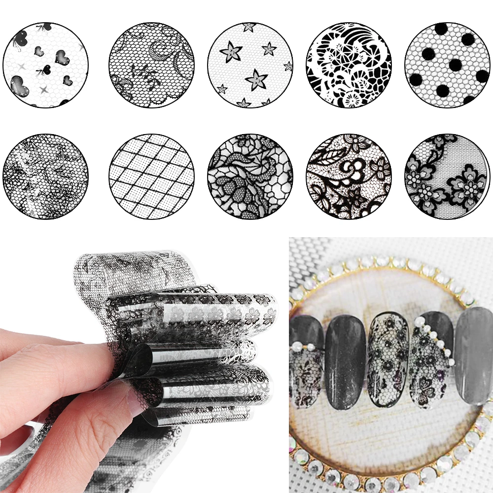 16 шт./партия пленка для ногтей наклейки черно-белые кружевные цветы Дизайн