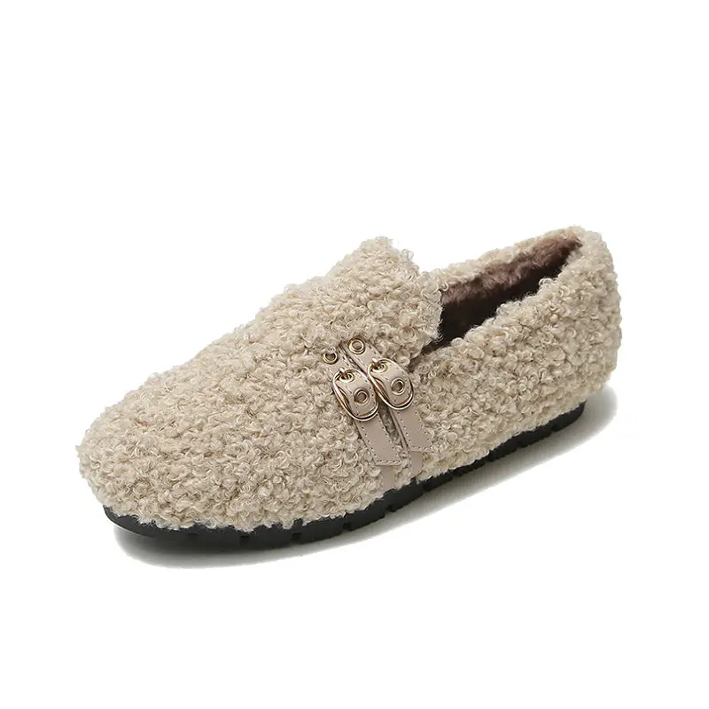 

Faux Wool Fur Flats Women 2021 Flat Shoes Wide Fuzzy Loafer Big Size 41 42 43 Shoes Women Winter Plush Slip Ons Buckle Loafers