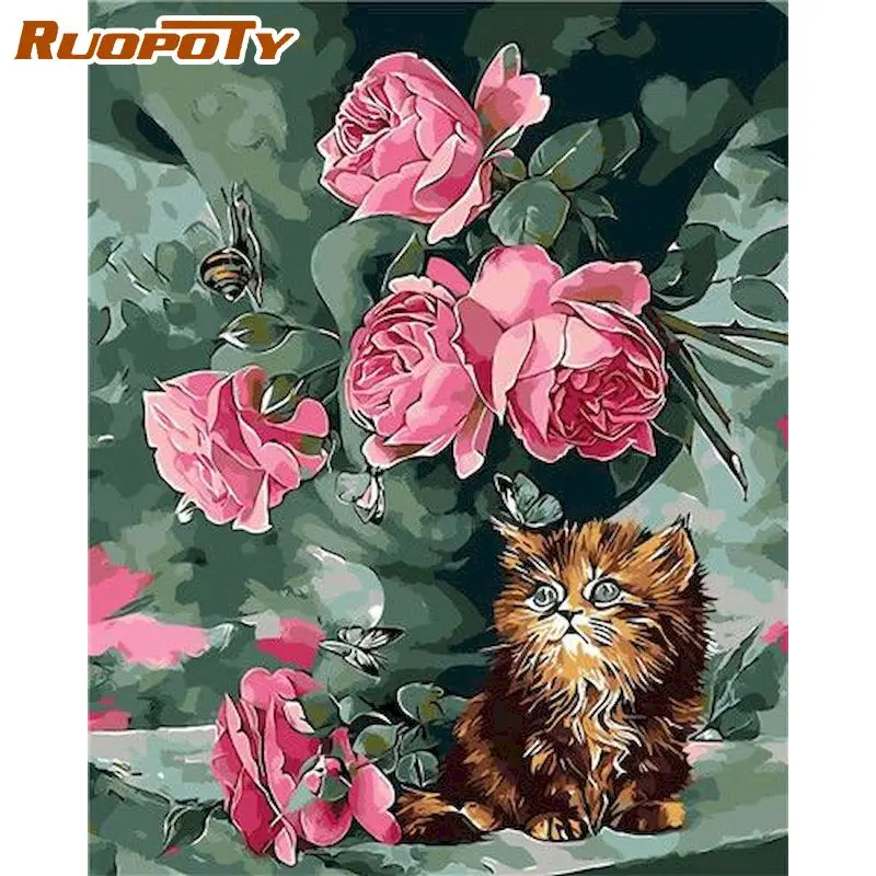 

RUOPOTY 40*50cm Painting By Numbers Cat peony paints Picture Colouring HandPainted Acrylic Paints 50*70cm