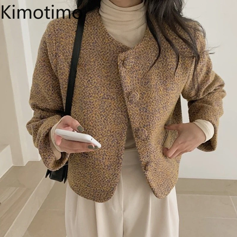 

Пальто Kimotimo женское твидовое, винтажный однобортный жакет с круглым вырезом, Повседневный Кардиган различных размеров в Корейском стиле, в ...