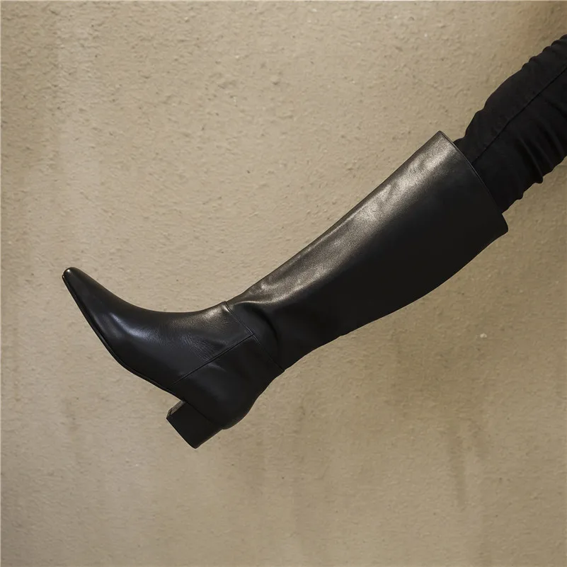 

Meotina Winter Knee High Boots Women Natural Genuine Leather Block Heel Tall Boots Slip on Square Toe Shoes Lady Autumn Size 43