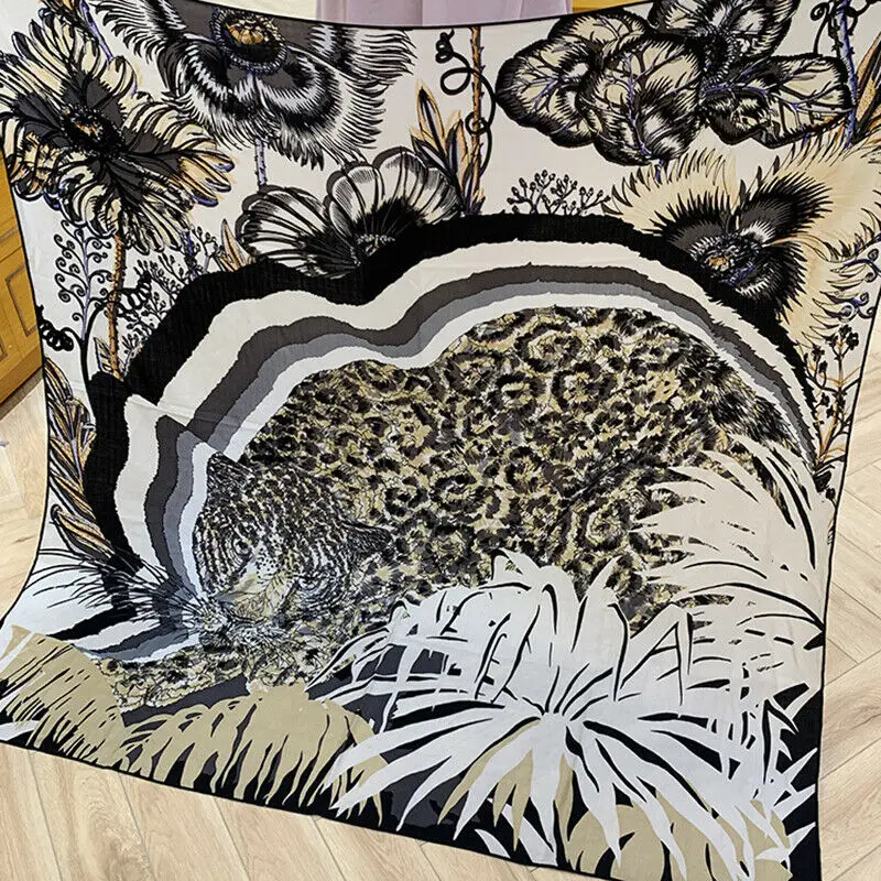 

70% Cashmere 30% Silk Scarf Women Fashion Aztec Tribal Style Shawl Hijab Jungle Leopard Large Kerchief Stole 135*135cm