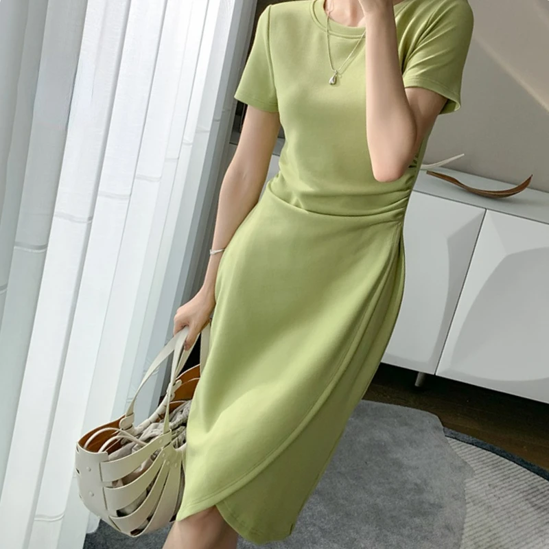 

Sexy Fold Slim Waist Mermaid Midi Dress Cotton Dress Summer Short Sleeve Bodycon Green Dress Women Elegant