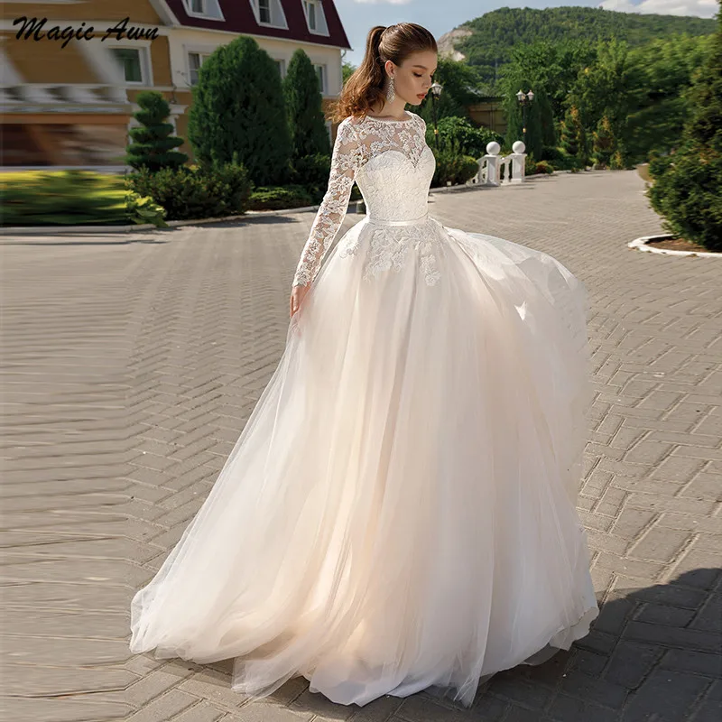 

Long Sleeves Beach Tulle Wedding Dress For Photography Illusion Lace Up Open Back Bridal Gowns Large Sizes Princess Custom Made