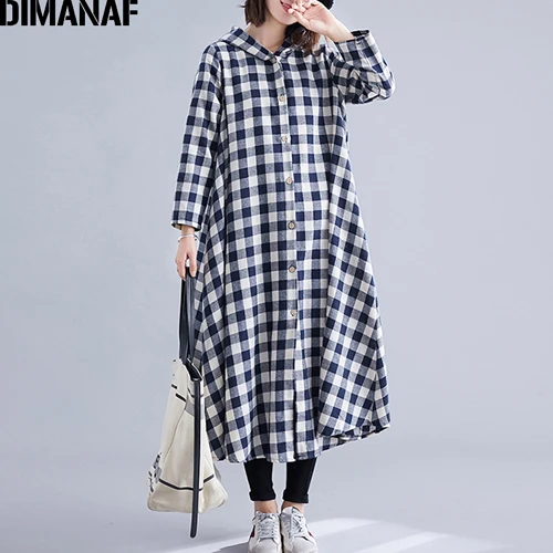 Jing95190CN-shenlan Dimanaf женский плюс размерные куртки пальто Базовая верхняя одежда Осенняя Повседневная Женская с длинным рукавом Женская свободная хлопковая с капюшоном клетчатая тонкая - Цвет: Jing95190CN-shenlan