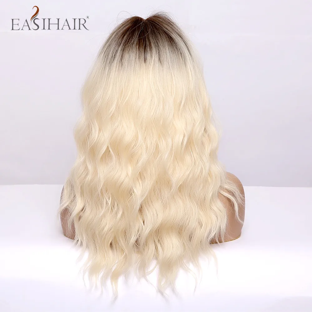 EASIHAIR Ombre Dark Brown Ash Blonde Medium Long Deep Wave Synthetic Hair Wigs with Bangs Heat Resistant for Black Women | Шиньоны и