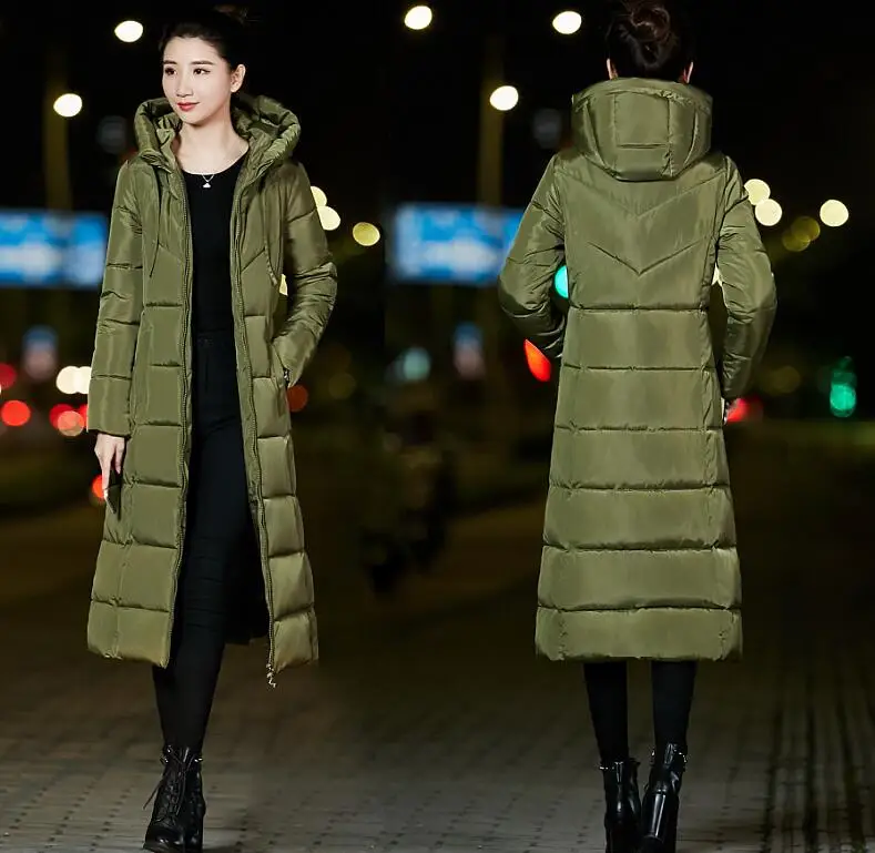 Зимняя женская куртка размера плюс 6XL, женские парки, утепленная верхняя одежда, пальто с капюшоном, длинные женские тонкие базовые Топы с хлопковой подкладкой - Цвет: Армейский зеленый