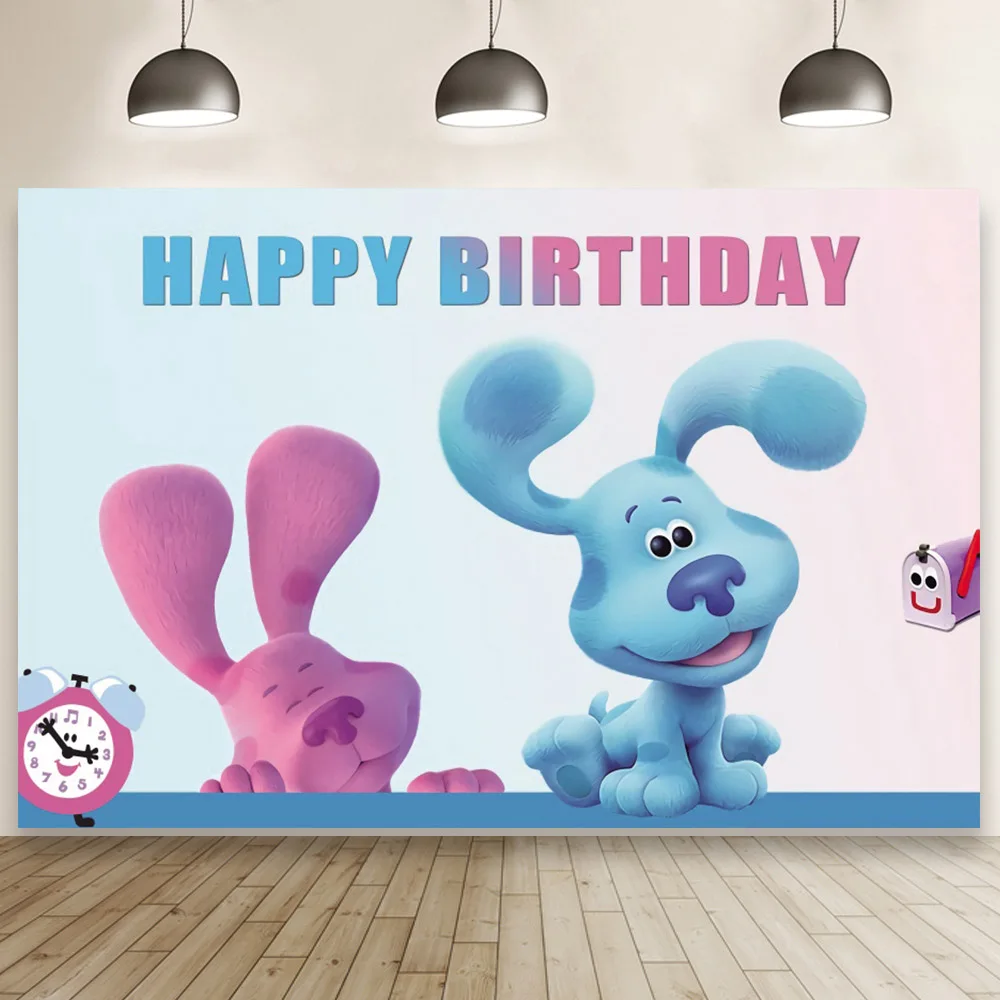 

Cartoon Dalmatian Pink Background Children Blue Dog Happy Birthday Cake Table Backdrop Photography Decoration Poster Booth
