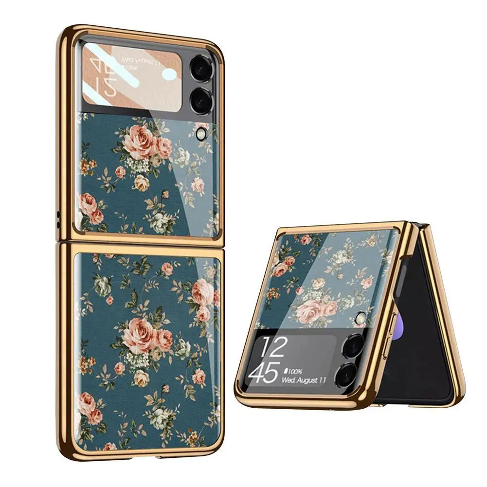 z flip 3 case for samsung galaxy z flip 3 5g glass painted phone case fashion floral back cover case for samsung phone fundas free global shipping
