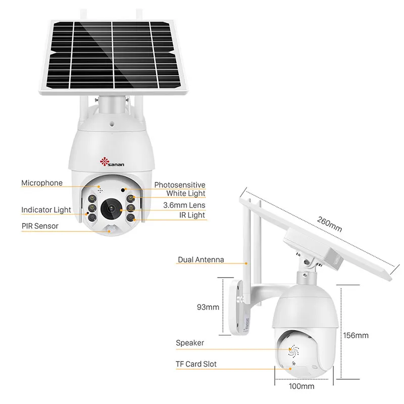 SANAN 8W солнечные батареи Камера наблюдения WIFI На открытом воздухе Беспроводная PTZ