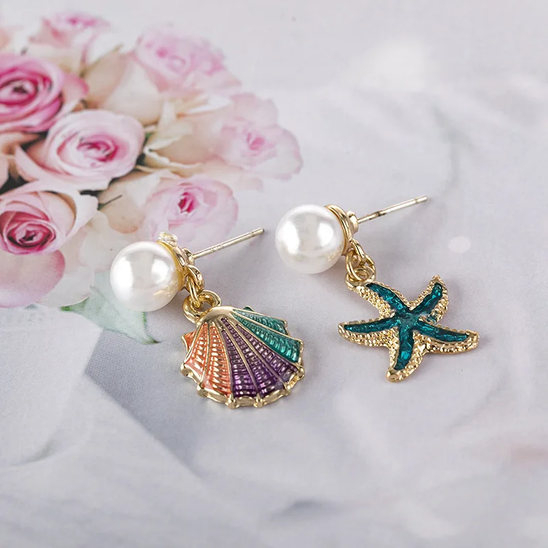 

NEW RUANME A Pair Of Earrings Drop Glaze Blue Sea Star Fashion Color Shell Earring Metal Geometry Pearl Earrings Jewelry