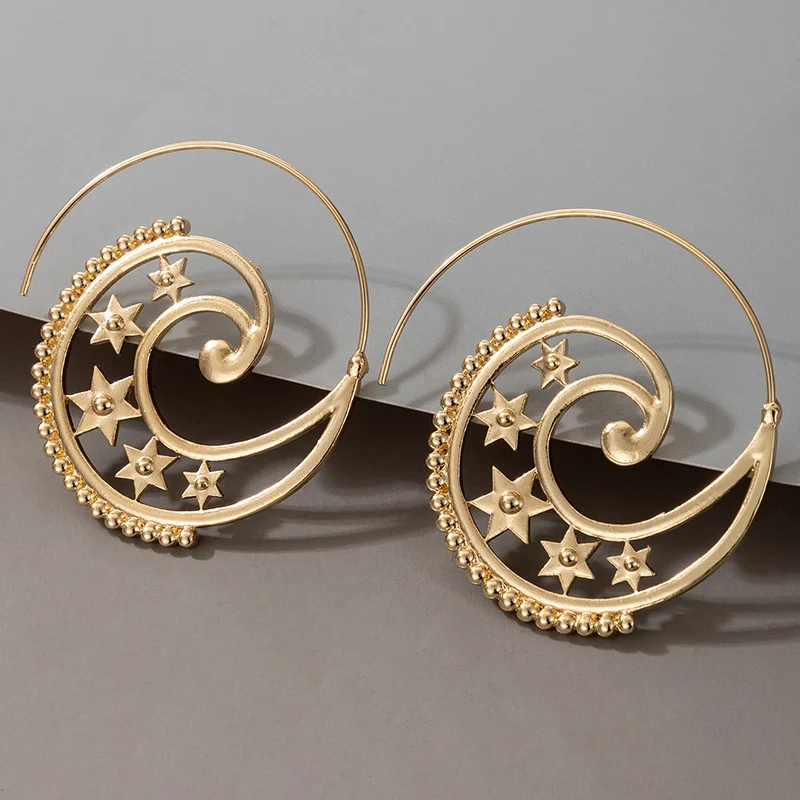 

Spiral Vortex Gear Shape Earrings For Women Boho Hyperbole Star Gold Metal Alloy Earrings Ethnic Travel Jewelry Gifts