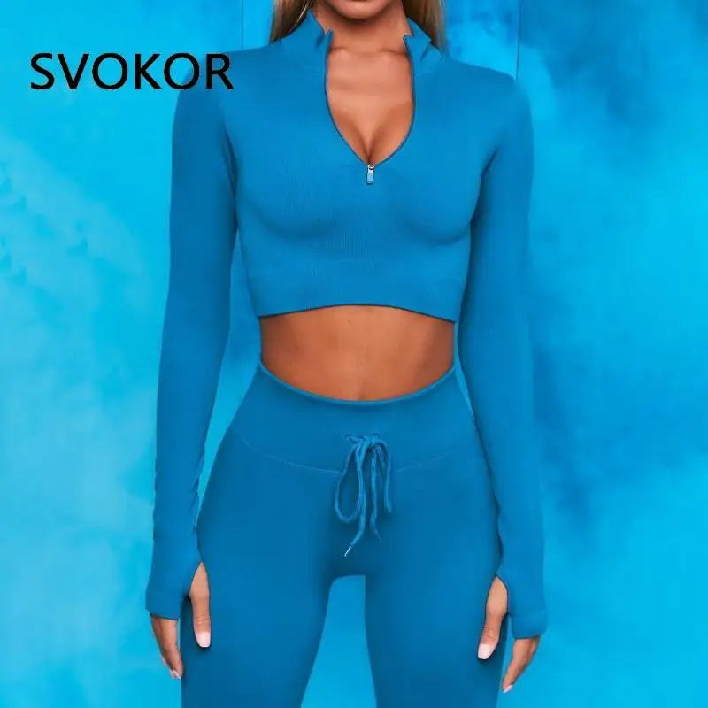 

SVOKOR 2 PCS Zipper Yoga Set Women Sportswear Tight-Fitting Long-Sleeved Hip Drawstring Fitness Pants Autumn And Winter Suit