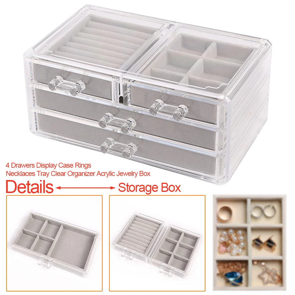 

4 Drawers Rings Necklaces Storage Holder Stand Protable Clear Organizer Packaging Acrylic Jewelry Box Travel Desktop For Women