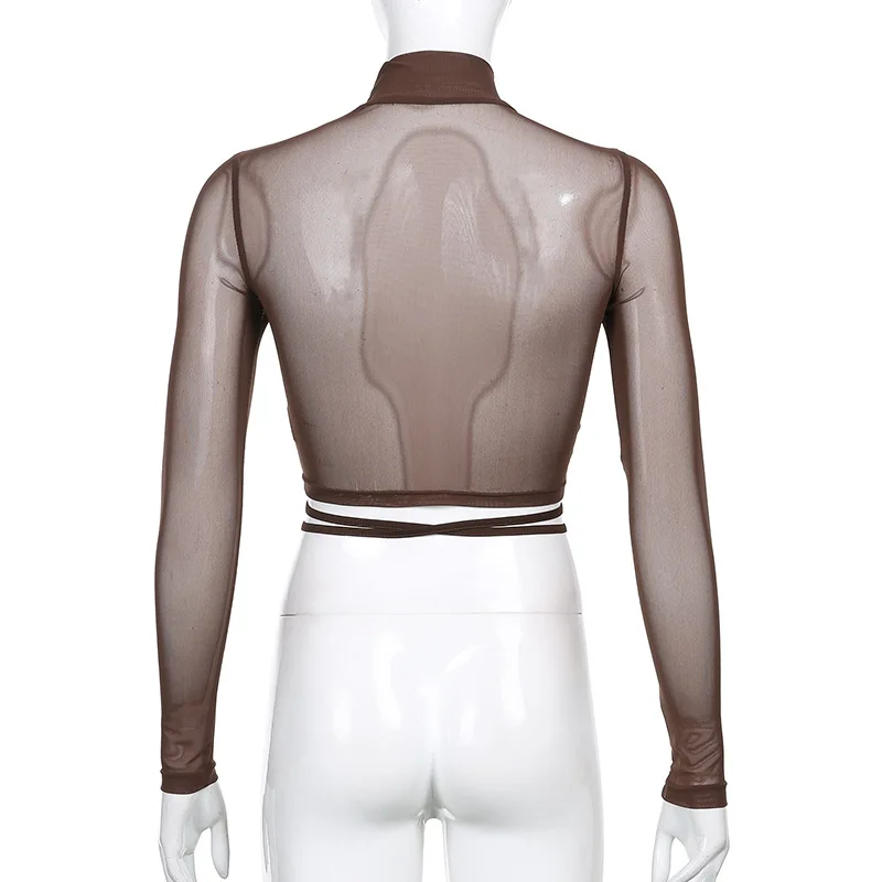 

Sexy Mesh Sheer Brown T-shirt Drawstring Front Ruched Tie Up Crop Tops See Through Long Sleeve Tshirt Y2K Women Tee Streetwear