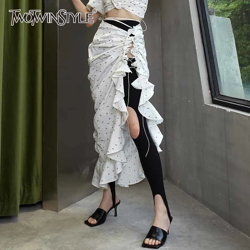 TWOTWINSTYLE White Print Patchwork Vintage Skirt For Women High Waist Shirring Side Split Skirts Female Summer Clothing 2021 New