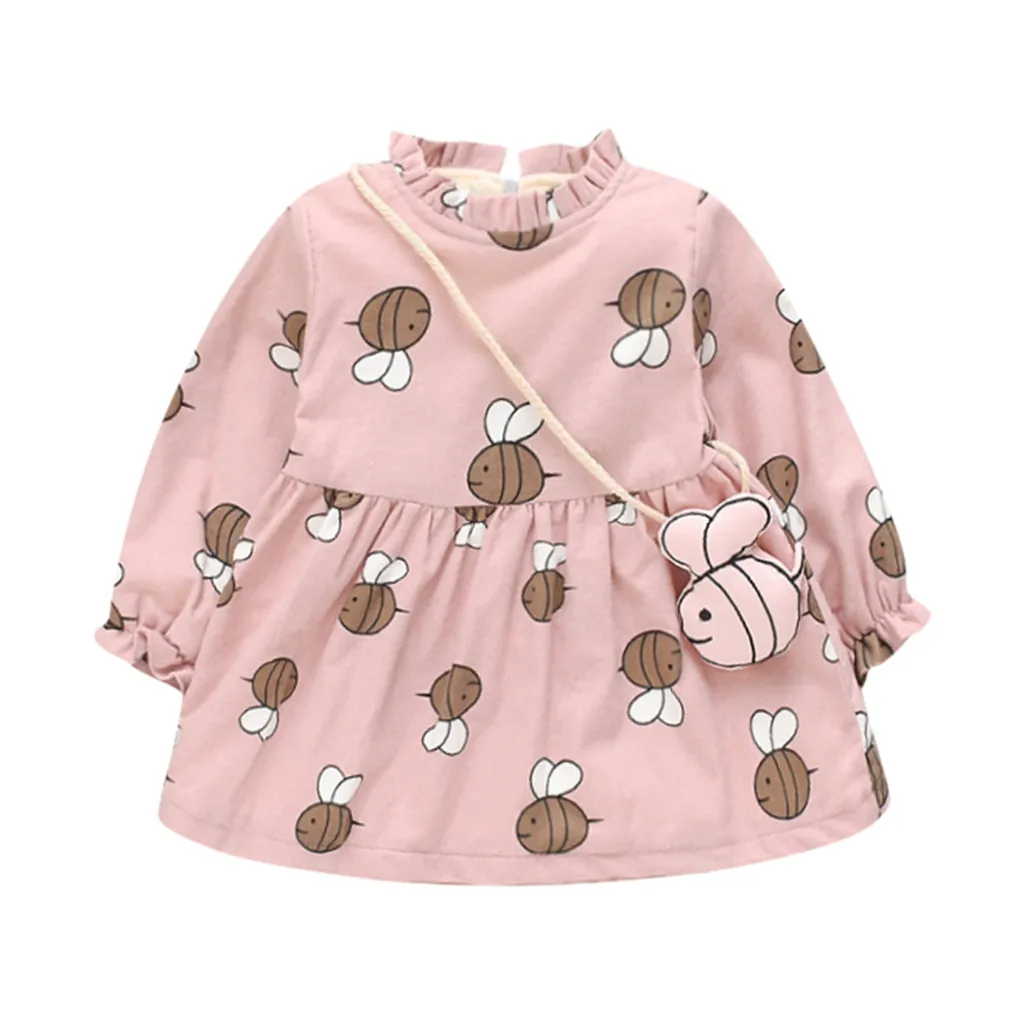 Модное утепленное платье принцессы с длинными рукавами и принтом пчелы для