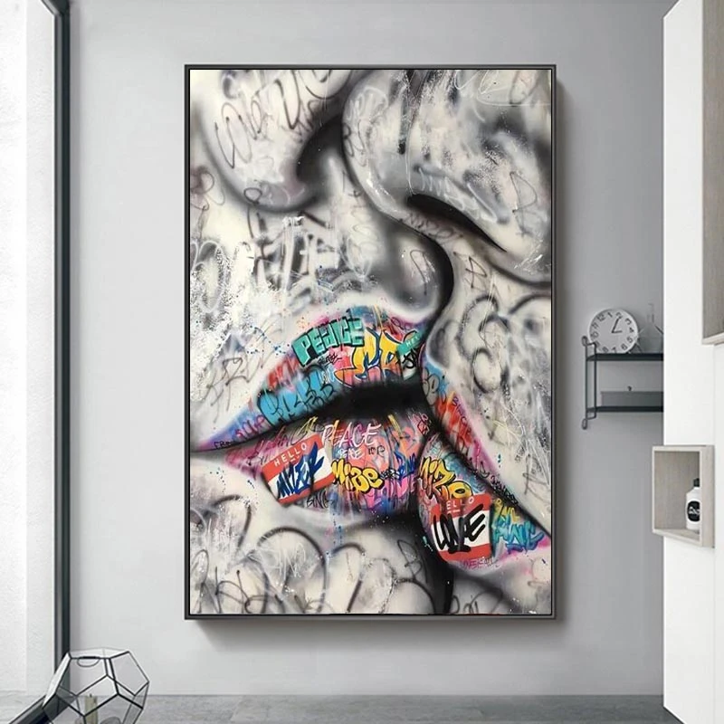 

Lover Kissing Graffiti Art Canvas Paintings On the Wall Art Posters And Prints Abstract Street Art Wall Pictures Home Decor