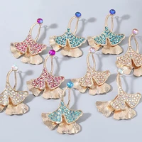 2021 wholesale boho gold color earrings green crystal ginkgo double leaves drop earrings for women fashion jewelry