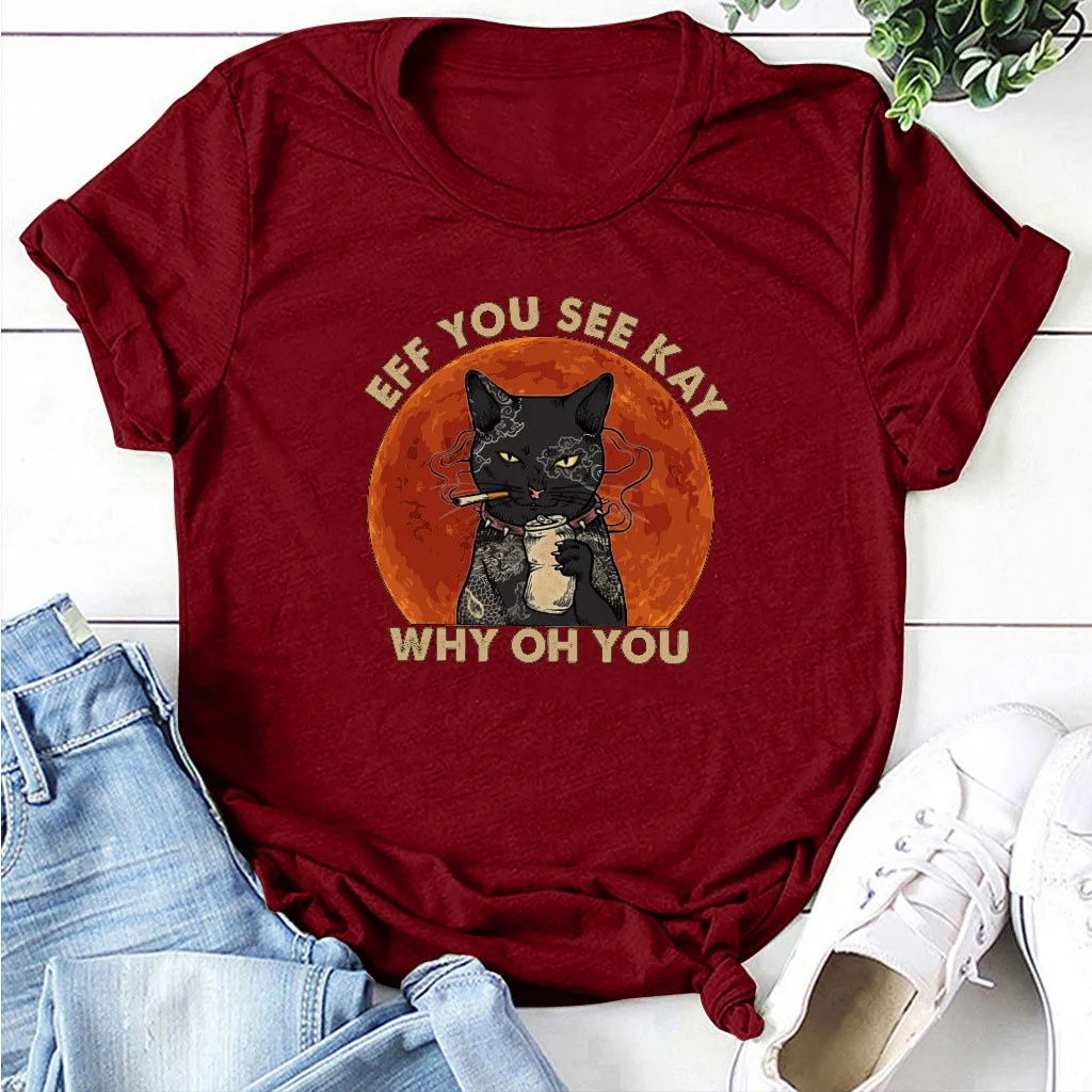 Женские модные повседневные футболки с принтом черного кота и буквами удобные