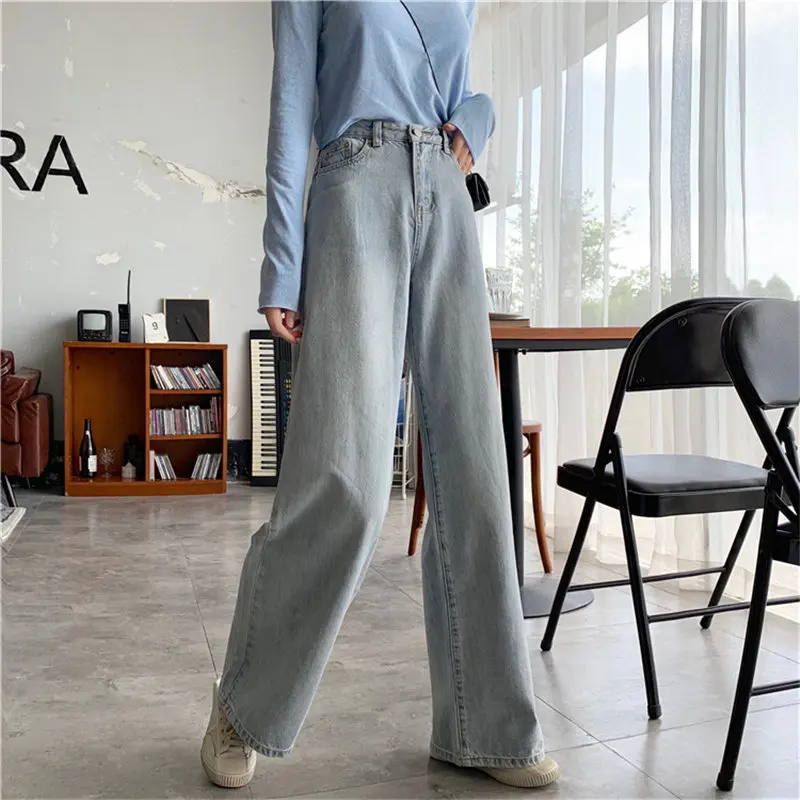 

HziriP Loose High Waist Straight Jeans Denim Light Blue Casual Pants Autumn All-Match Stylish Slender Women Full-Length Trousers