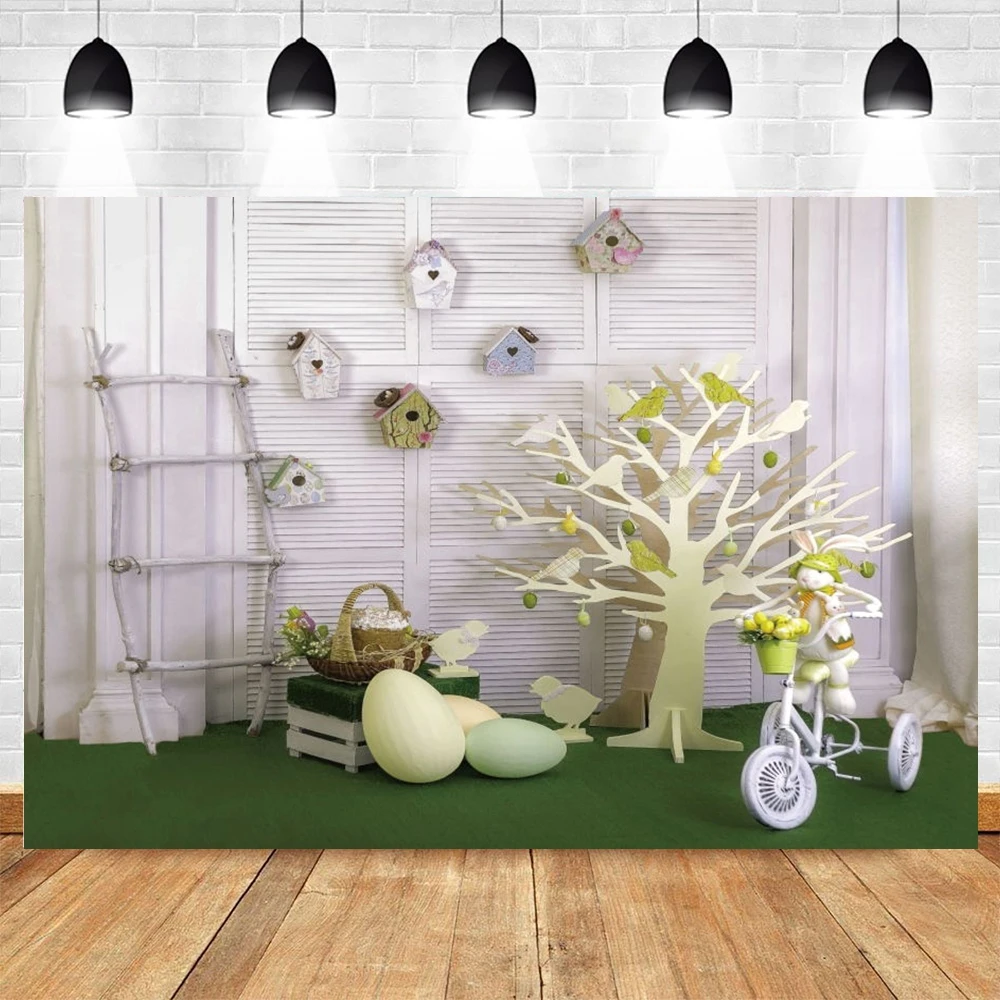 

Spring Easter Backdrop Rabbit Colorful Eggs Floral Interior Photography Background Kids Party Decor Banner Portrait Photo Booth