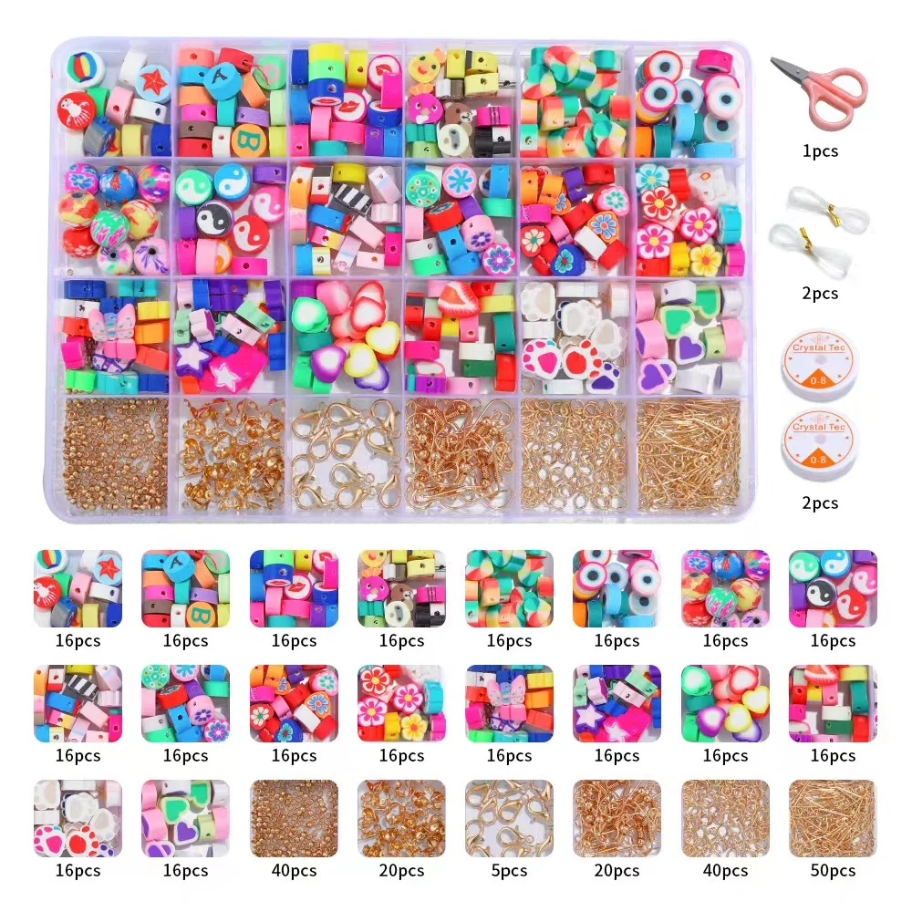 

24 Grids Color Beads Mixing Soft Pottery Suit Flat Round Polymer Resin Clay Beads For DIY Bracelet Necklace Loose Jewelry Kit