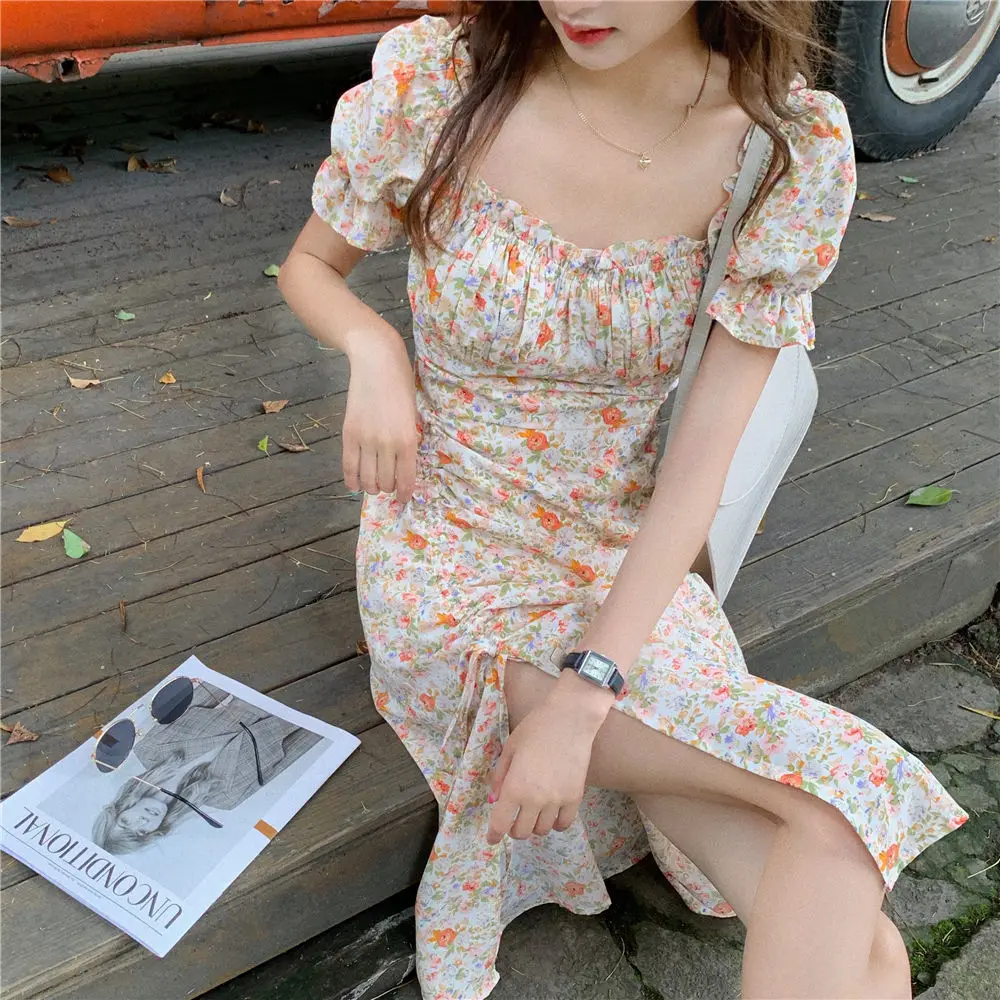 

Floral Printed Short Sleeve Strap Midi Dresses 2021 Party Club Sexy Backless Elegant Split Dress Women Vestidos Female