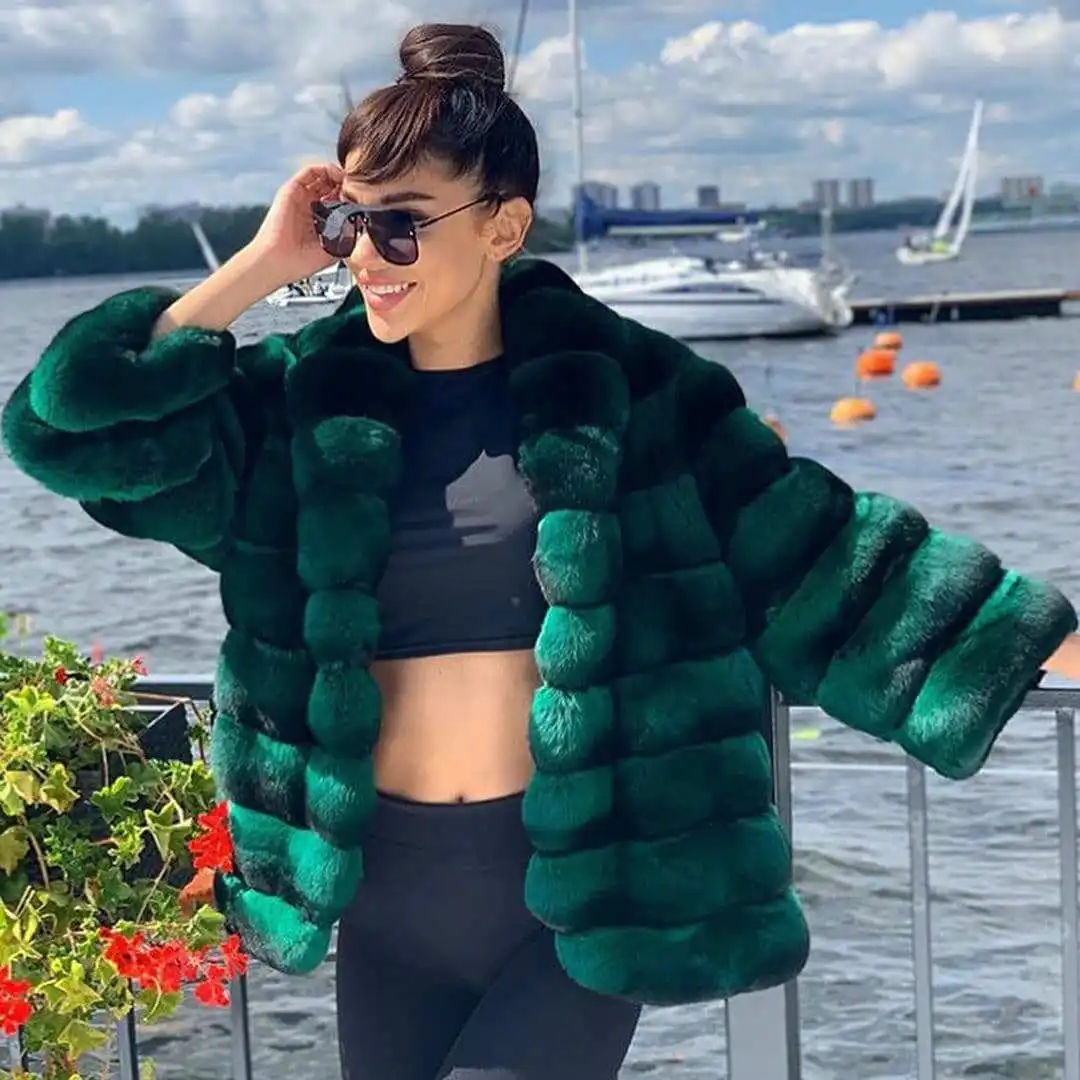 Natural Women Real Fur Coat Winter 2022 New High Quality Dark Green Genuine Rex Rabbit Fur Jacket with Turn-down Collar Outwear