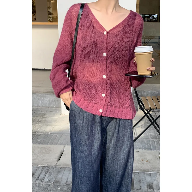 

[Daihe] 2021 spring new style Korean V-neck loose casual knitting cardigan versatile long sleeve top