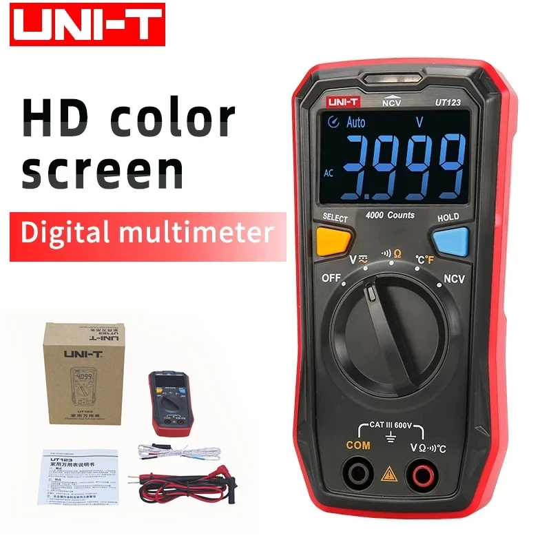 Mini multímetro Digital UNI-T UT123, probador eléctrico NCV con resistencia de voltaje CA y CC, con pantalla EBTN UT123D