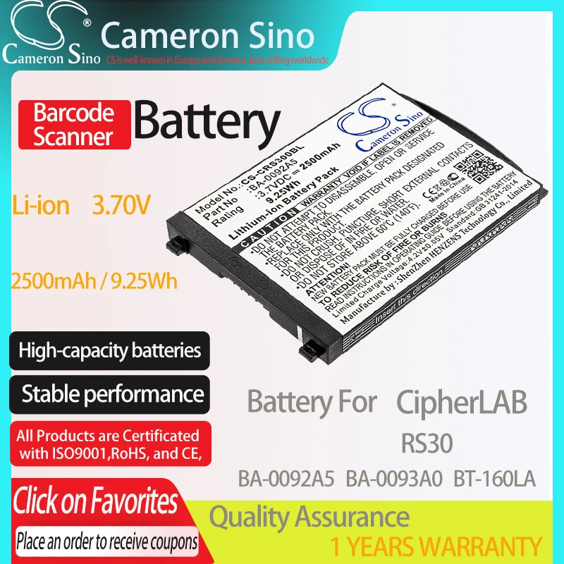 

Аккумулятор CameronSino для CipherLAB RS30, подходит для CipherLAB BA-0092A5, BA-0093A0, BT-160LA, штрих-кодов аккумулятор сканера, аккумулятор 2500 мА · ч/3,70 Вт · ч, в