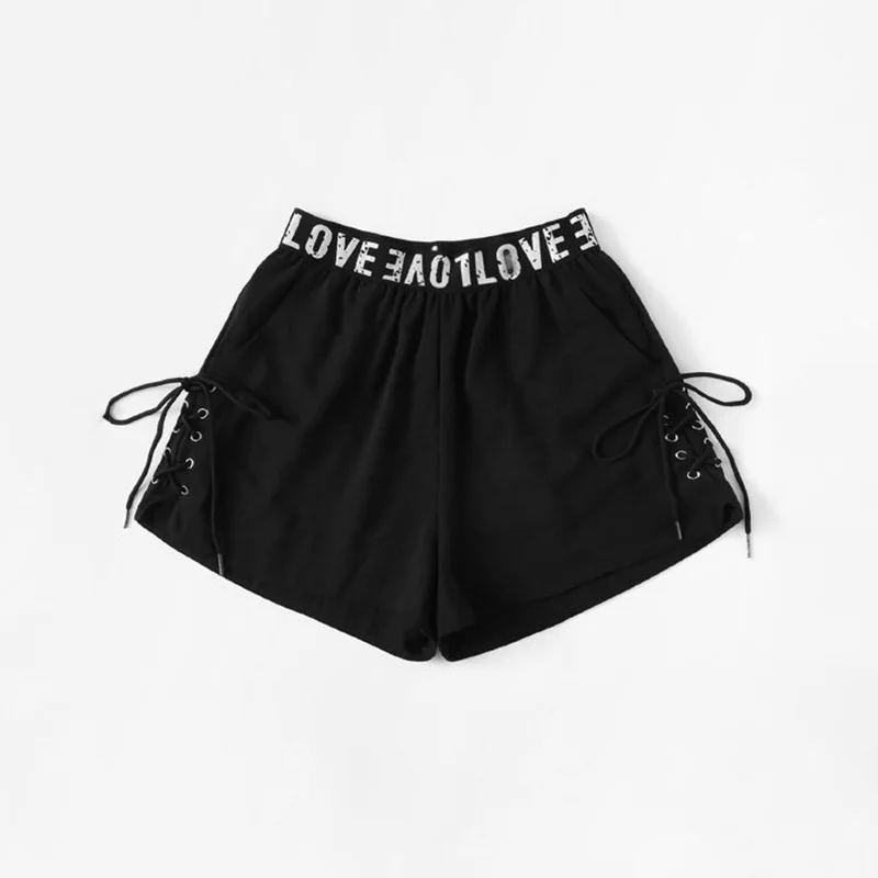 

Jielur Shorts Women Black Summer Lacing Metal Ring Wide Leg Stretch High Waist Short Loose Cool Fashion Young Beach Casual Short