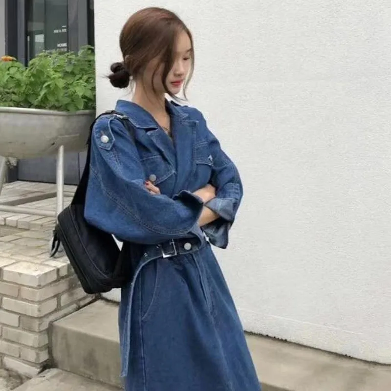 

One Piece Korea Denim Dress Women 2021 New Spring Long Sleeve Vintage High Elastic Waist Sexy Split Streetwear Long Vestido Lady