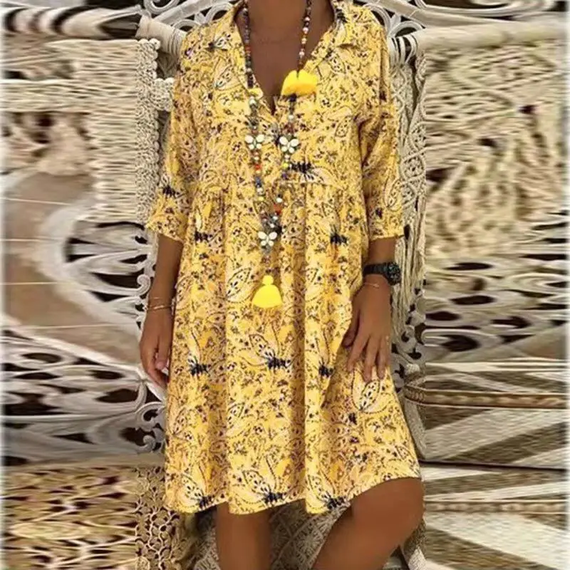 Платье-рубашка женское в этническом стиле свободное Макси-платье с отложным