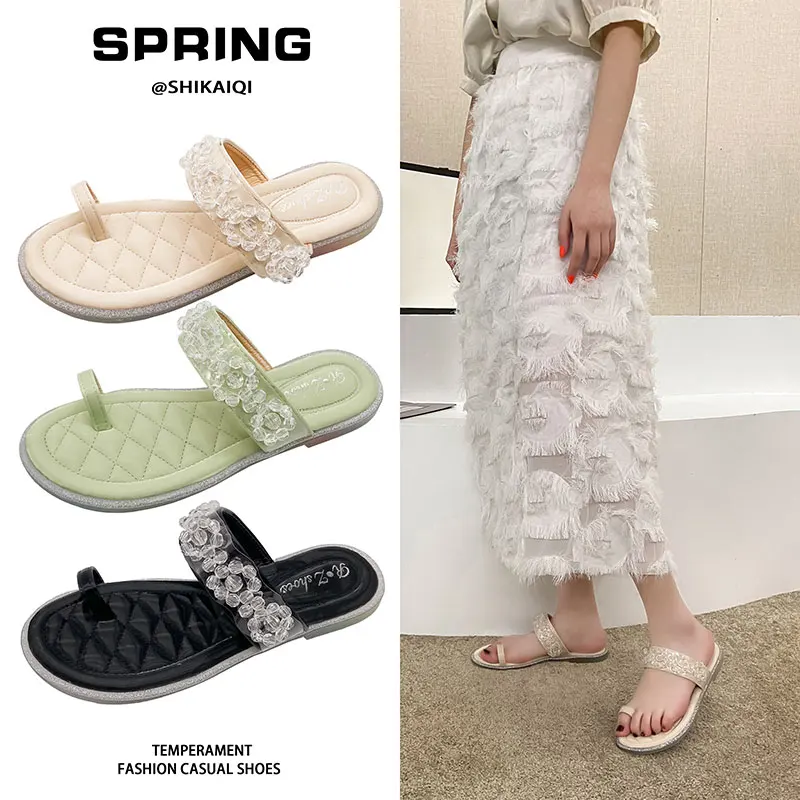 

Flat Shoes Female String Bead Womens Slippers Outdoor Luxury Slides Pantofle Rubber Flip Flops Beach Designer 2021 Hawaiian Fash
