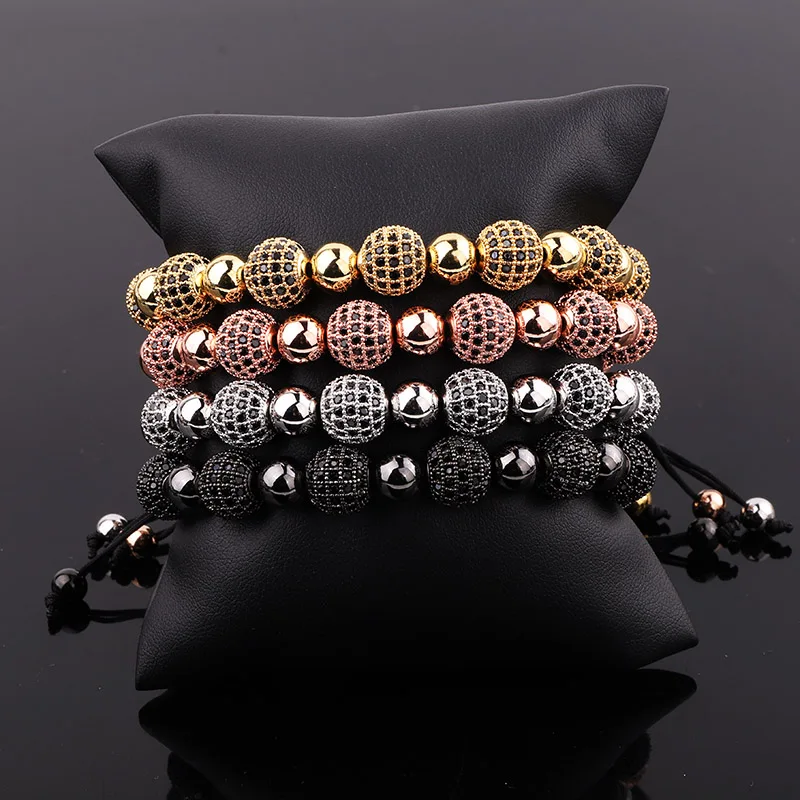 

Men Jewelry Bracelet Luxury 10mm Black CZ Pave Ball Charm Macrame Adjustable Bracelet Men Jewelry Gift