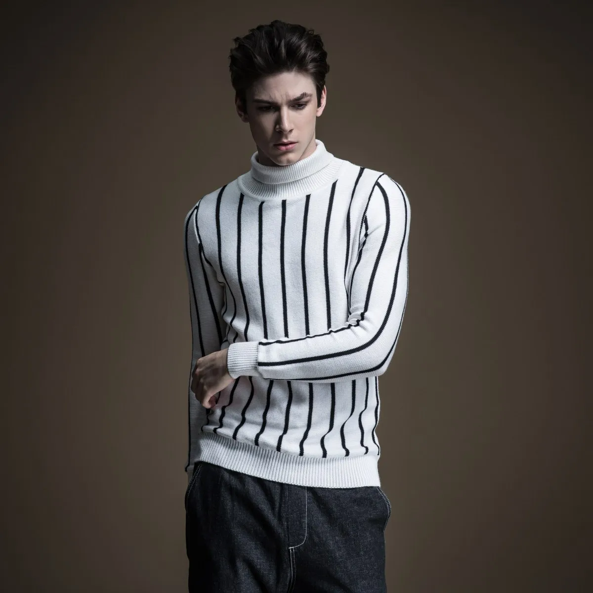 

Pinli 2020 Winter New Discount Clearance Slim Striped Turtleneck Pullovers Wool Color Block Warm Casual Men Long Sleeve Sweater