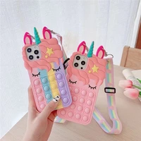 cute unicorn popit push bubble silicone case for iphone 11 12 13 pro max mini x xs xr 8 7 autism sensory fidget cover strap