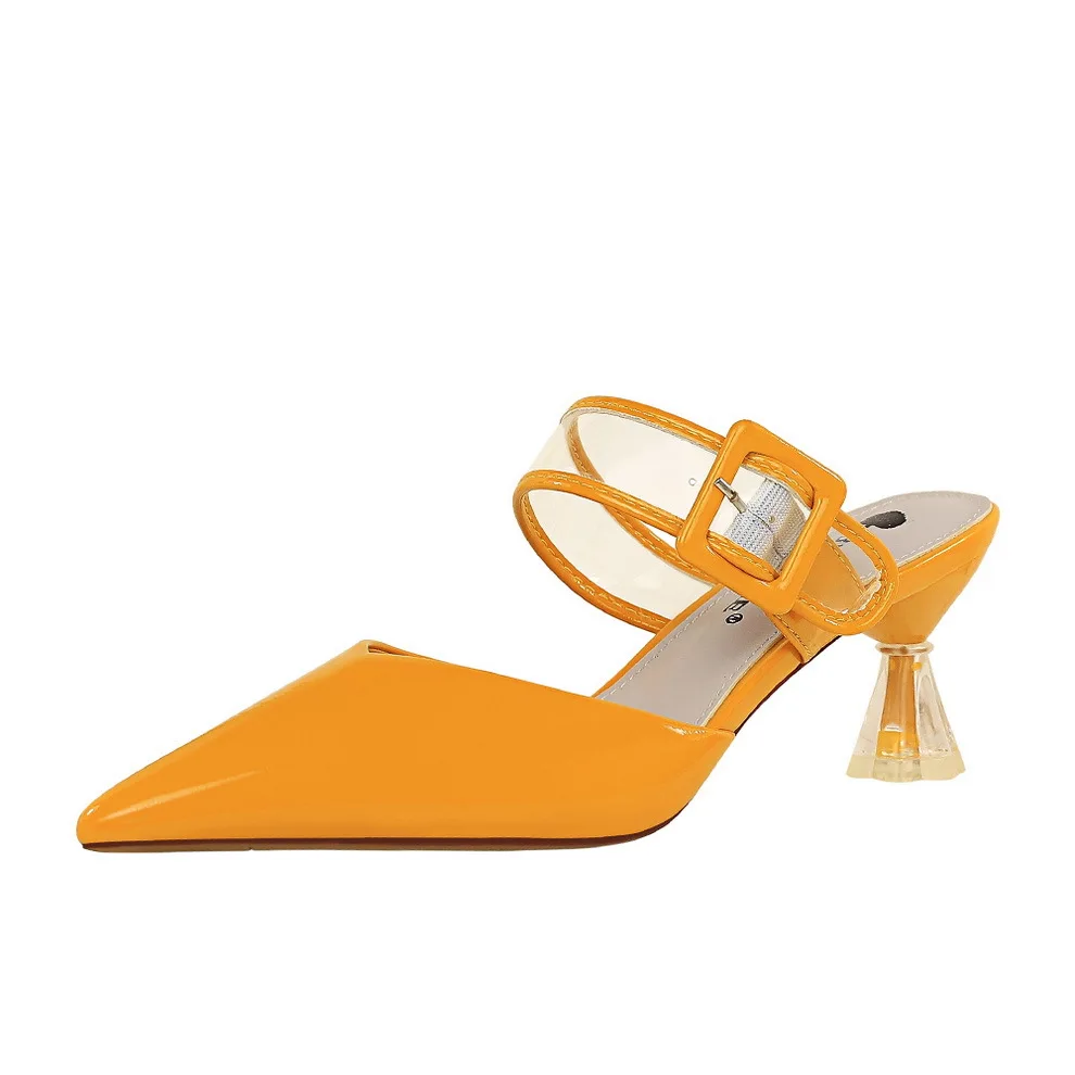 

Women's Korean-Style Crystal High-Heel Patent Leather Pointed-Toe Transparent Cutout A- line Daily Slippers with Belt Buckle