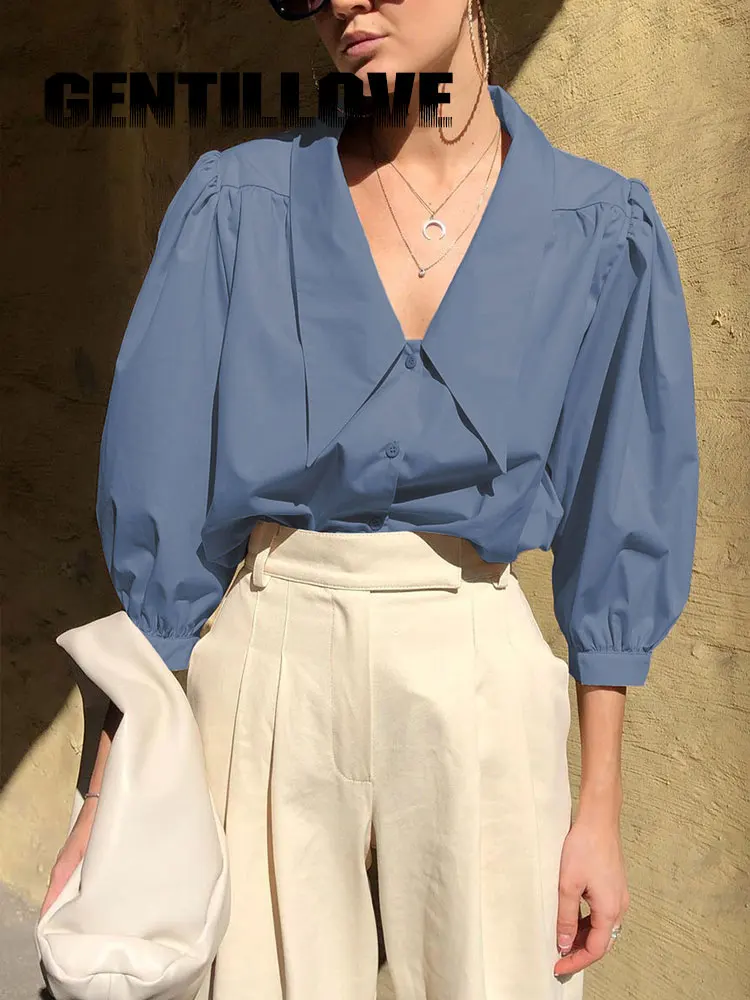 

Elegant Turn Down Collar Puff Sleeve Shirt Women Spring Summer Blouse Designer Top Single Breasted Chic Solid Color Outfits 2022