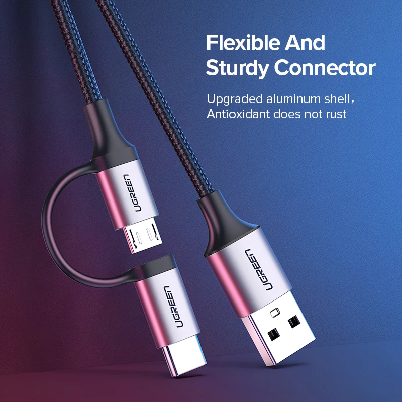 Ugreen usb type-C кабель для samsung Galaxy S10 S9 2 в 1 быстрый Micro USB кабель для зарядки и передачи данных мобильный телефон USB зарядное устройство Шнур